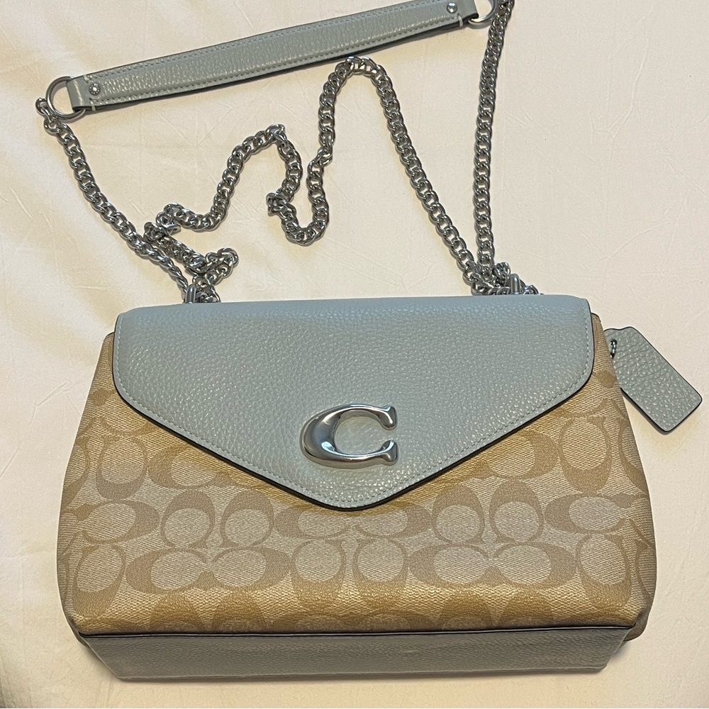 Coach Shoulder Bag in Light Blue and Tan Signature Canvas